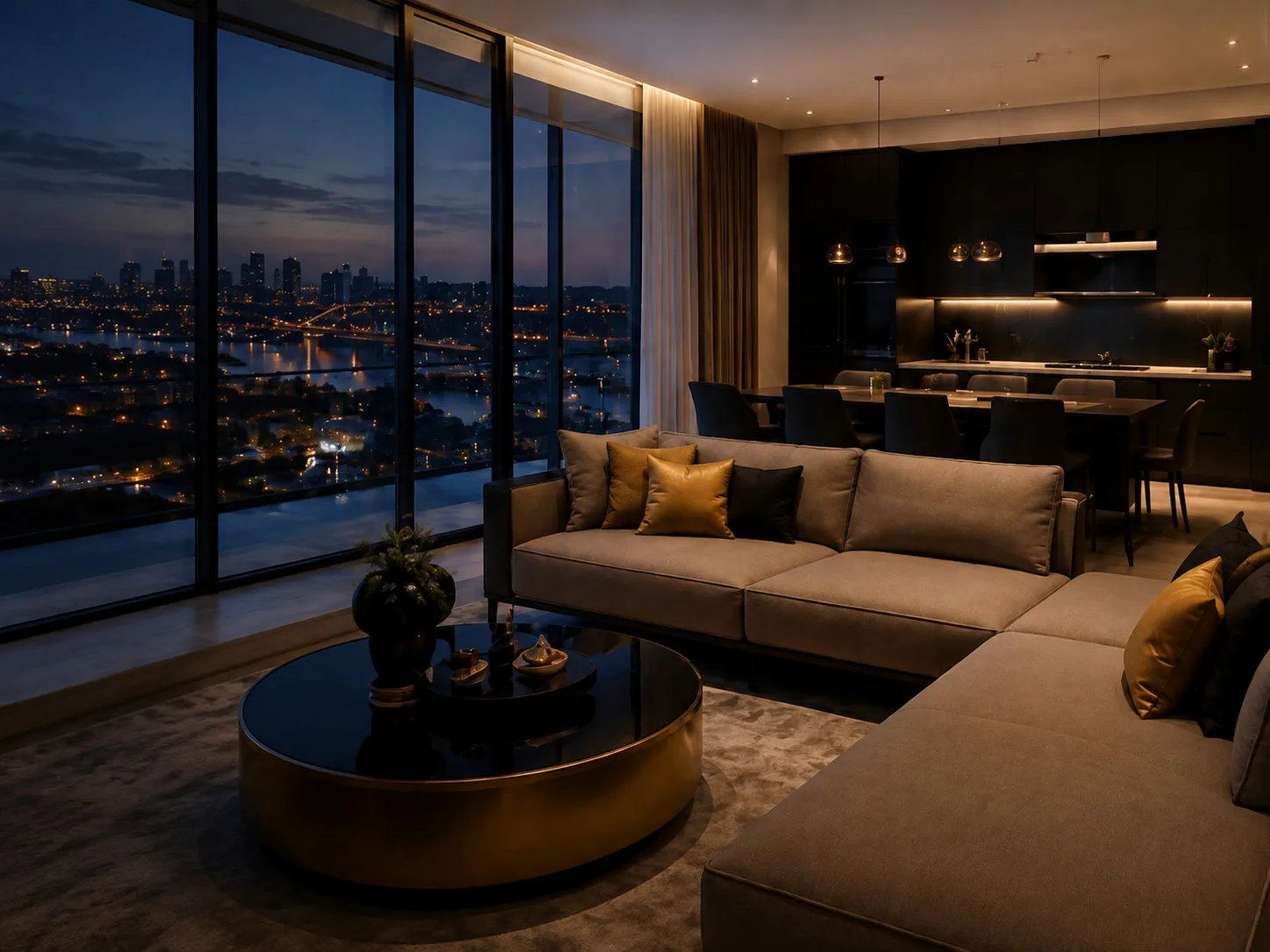 Apartamento de alto padrão com vista para a cidade à noite